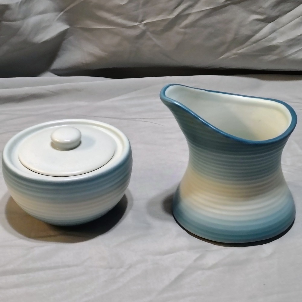 Pfaltzgraff Sugar Bowl with Lid and Creamer Pitcher Set Blue Ombre Glaze